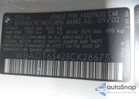 2003 BMW 530Ia from USA, damaged, VIN WBADT63423CK28673